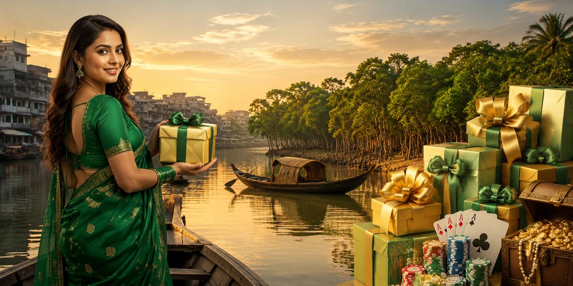 সুন্দরবনের পটভূমিতে শাড়ি পরা নারী মোবাইলে dafabet বেটিং করছেন